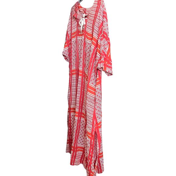 DREAMS & CO. SHORT SLV TIE- UP V-NECK TUNIC LOUNGER, WOMENS, 1X 22/24-RED/WHITE - Picture 4 of 12